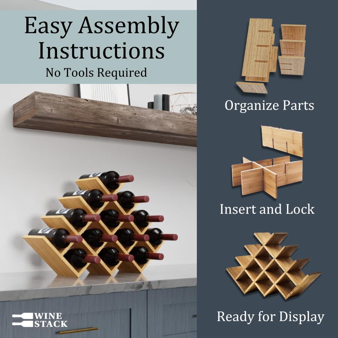 13 Bottle Bamboo Small Wine Rack for Countertop, No Tools Assembly, Modern Lattice Design, Durable, Wine and Liquor Bottle Storage for Small Spaces