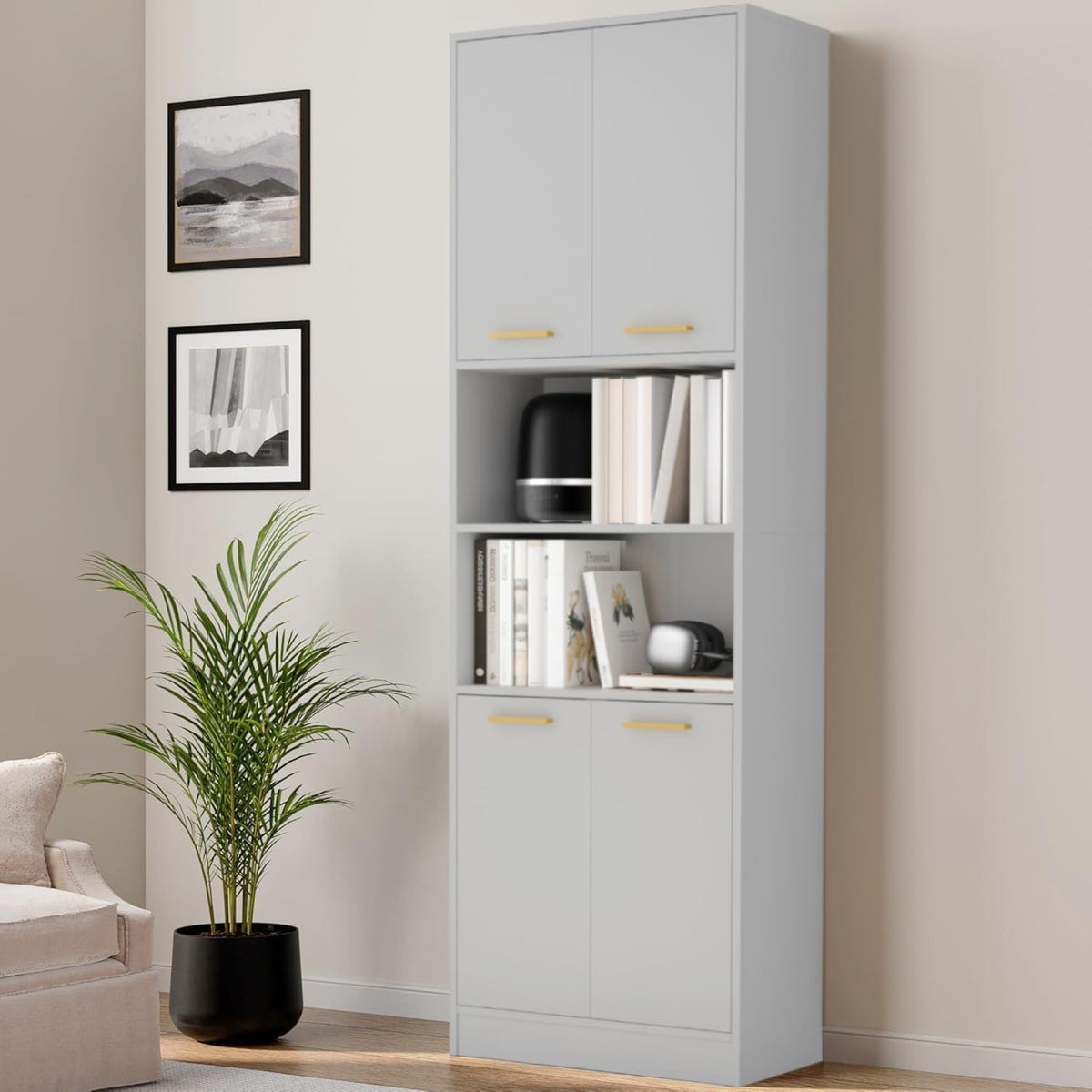 Cozy Castle Kitchen Pantry Cabinet, 75" Tall Wood Storage Cabinet with Doors and Shelves, 4 Doors Open Countertop Utility Hutch Cupboard for Dining Room Living Room Bathroom Furniture, Gray