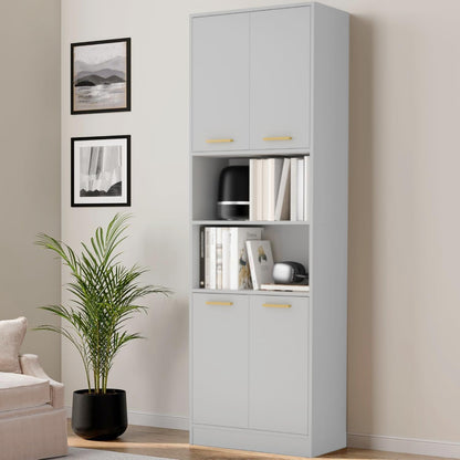 Cozy Castle Kitchen Pantry Cabinet, 75" Tall Wood Storage Cabinet with Doors and Shelves, 4 Doors Open Countertop Utility Hutch Cupboard for Dining Room Living Room Bathroom Furniture, Gray