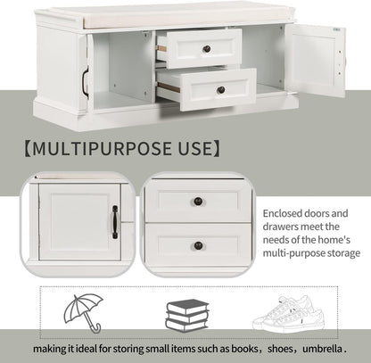 GDFStudio Jasd 42.50" Storage Bench with 2 Drawers and 2 Cabinets, Shoe Bench with Removable Cushion, Solid Wood Frame Storage Ottoman, Rectangular Cabinet Shoe Seat for Living Room Entryway, White