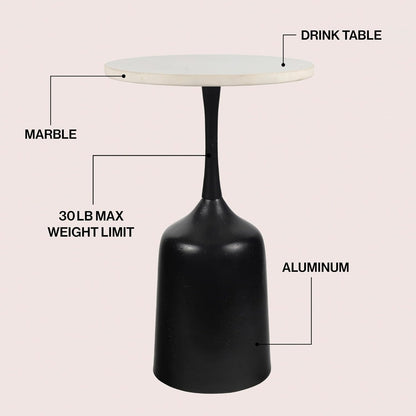 JONATHAN Y Pip Modern Round Marble Drink Table with Antique Black Bell-Shaped Metal Pedestal Base, 20.25" Tall Small Side Accent Martini Table for Living Room and Small Spaces END4002C