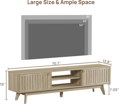 SICOTAS Fluted Modern TV Stand, 70" TV Console for Living Room | Mid Century Entertainment Center with Storage Cabinets, Media Console Table for 65/75/80 Inch TV, Light Oak