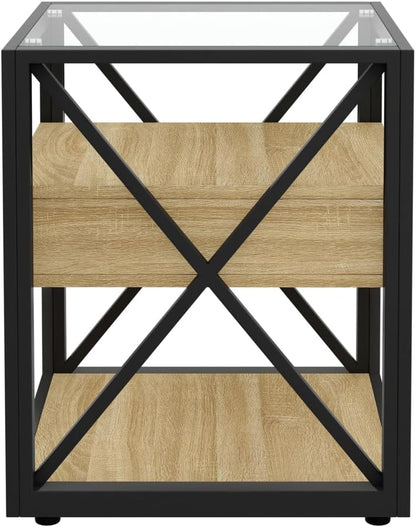 End Table Set of 2, Natural Wood MDF with Tempered Glass Top and Drawer | Industrial-Style Nightstands with Drawer Storage for Bedrooms and Living Rooms; Coordinating Side Table Pair