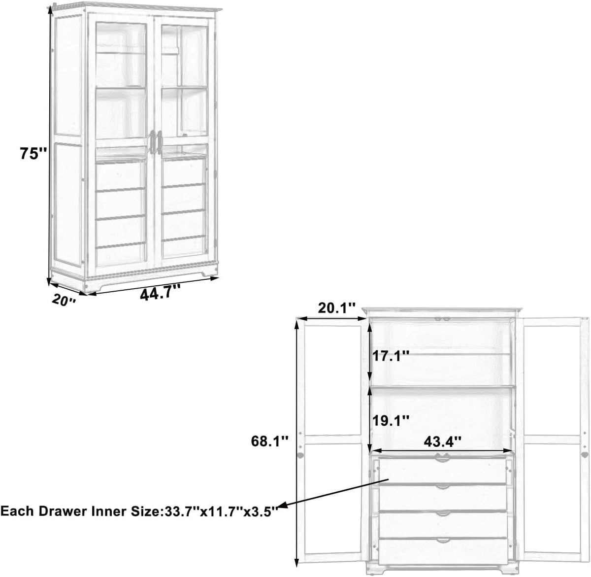 KUIKUI Kitchen Pantry Storage Cabinet, Pantry Cabinets for Kitchen Storage with Glass Doors and 4 Drawers, Natural, 44.7”L x 20”W x 75”H