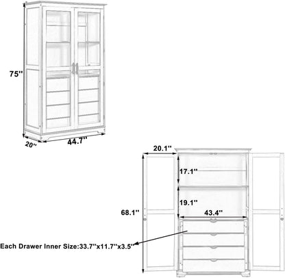 KUIKUI Kitchen Pantry Storage Cabinet, Pantry Cabinets for Kitchen Storage with Glass Doors and 4 Drawers, Natural, 44.7”L x 20”W x 75”H