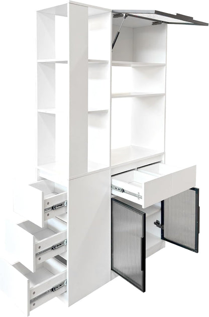 Modern 70.87" Tall Storage Cabinet with 5 Drawers, Glass Doors and Display Shelves, Freestanding Kitchen Pantry Cabinet with Microwave Space for Living Room, Dining Room, Hallway, White