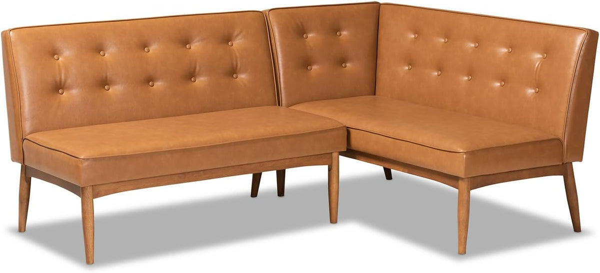 Faux Leather Corner Sofa Bench, Walnut Wood Finish, 2-Piece Dining Set