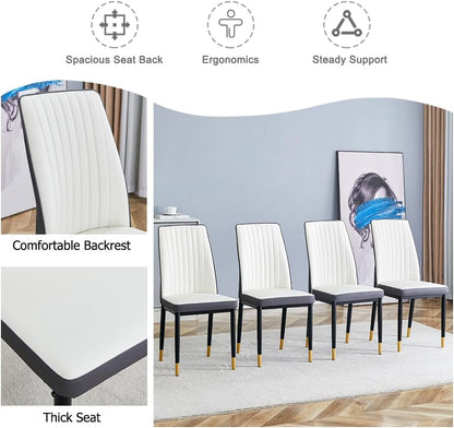 Modern Dining Table Set for 6, Marble Kitchen Table Chair Set for 6, Rectangular Kitchen Table with 6 Pu Leather Upholstered Chair for Dining Room