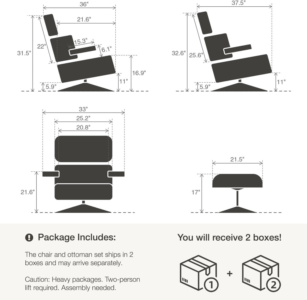 Top Grain Leather, Mid Century Chaise Lounge Chair and Ottoman, Reading Chair, Accent Chair, Modern Classic Chair, Heavy Duty Base Support for Living Room Lounge Office, Walnut-Brown, Heightening