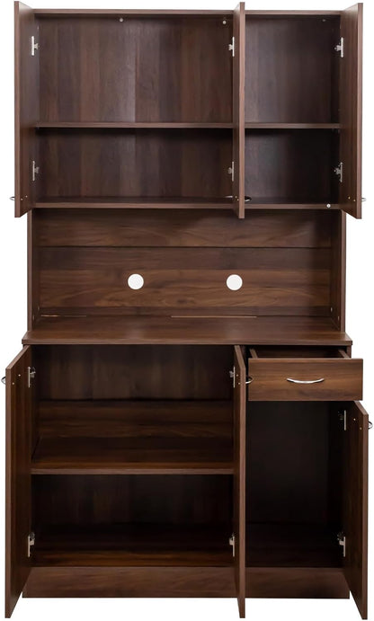 ZeHuoGe 70.86" Tall Pantry Cabinet with 6-Doors, 1-Open Shelves and 1-Drawer for Dining Room,Large Kitchen Hutch,Coffee Bar Station,Kitchen Storage Cabinet (Dark Walnut)