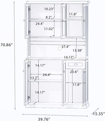 71" Kitchen Pantry Storage Cabinet with Microwave Shelf, Modern Freestanding Hutch with Adjustable Shelves, 6 Doors and Drawer, Wood Countertop for Kitchen, Dining Room, White
