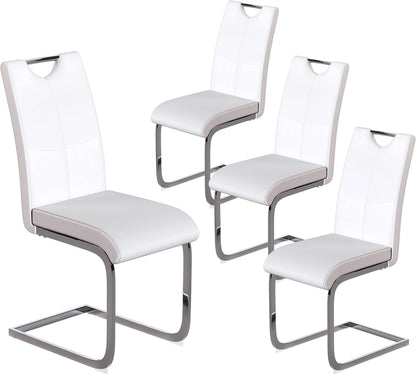 Off-White Dining Chairs Set of 4, Modern High Back with Faux Leather Padded Kitchen Chair for Dining Room, Kitchen (4, White with Silver Hoop Leg)