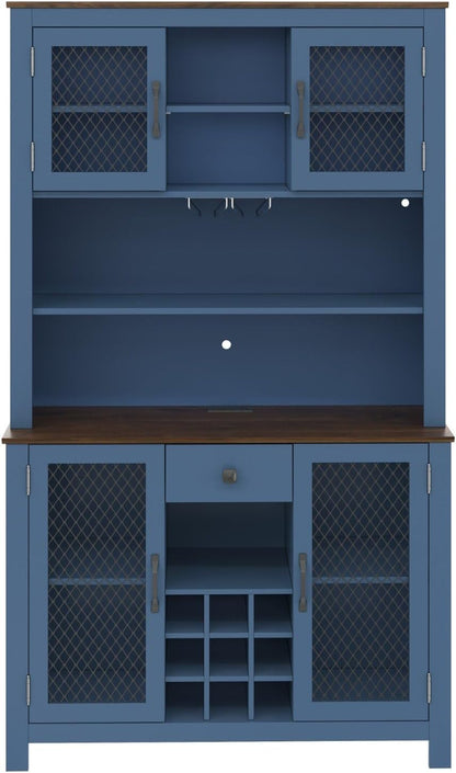 70.9" Kitchen Pantry Cabinet with LED Lights, Rustic Farmhouse Buffet Hutch with Wine Rack, Storage Cabinet with USB Charging Station, Coffee Bar Cabinet for Dining Room