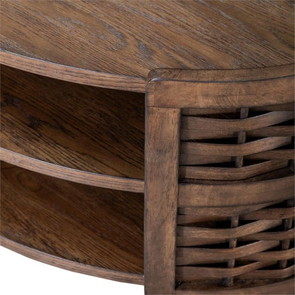 Pemberly Row 3 Piece Living Room Table Set, Rubberwood and Oak Veneer, Coffee Brown Finish, Includes Oval Cocktail Table with Casters and 2 Round End Tables, Basketweave Design, Shelves, Contemporary