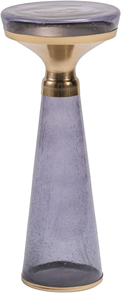 Modern Decorative Round Drink Table with Glass Base and Top with Gold Metal Accent, Martini, Gold Pedestal Table, Tall Side Table, Small Space end Table, for Living Room & Bedroom, Purple,Assembled