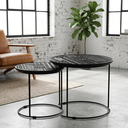 Furnifact Mango Wood Round Nesting Table 2-Piece, Nesting Coffee Table Set for Living Room Small Spaces, Matte Black