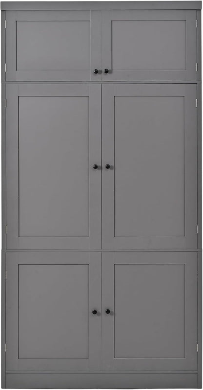 Kitchen Pantry Cabinet, Freestanding Tall Cupboard Storage Cabinet with Power Outlets, Adjustable Shelves and Door Shelves for Living Room, Kitchen (Grey)