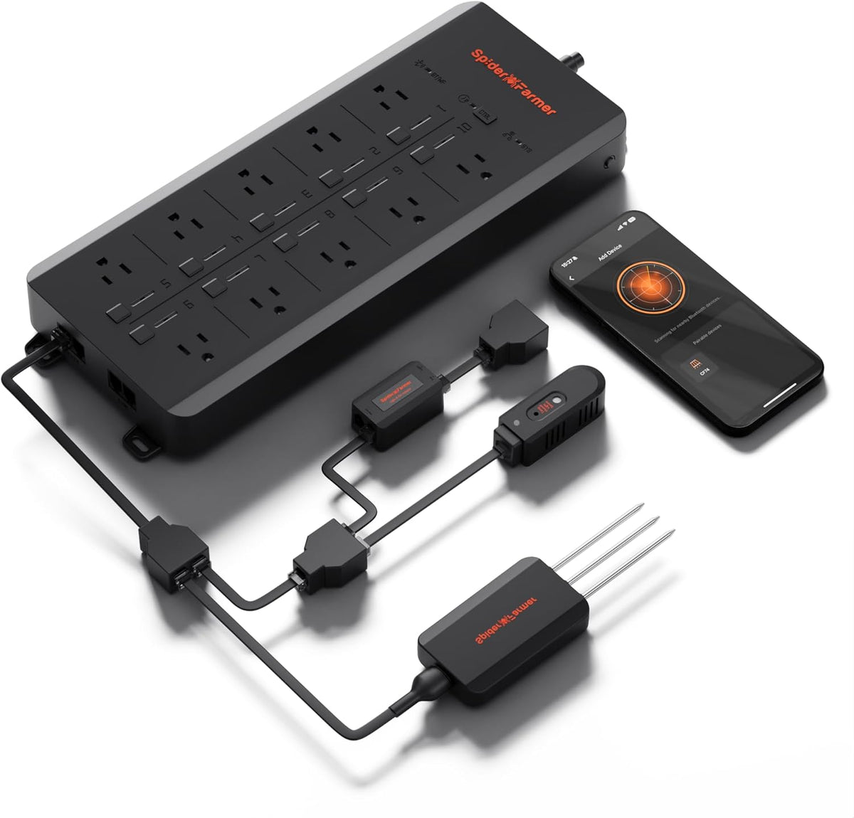 Spider Farmer GGS AC10 Power Strip Kits, 10 AC Smart APP-Based Controls Outlets, 3 in 1 Soil Sensor, Temp Humid Light Sensor, for Indoor Grow Tent Plants Room
