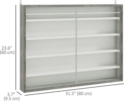 HOMCOM 5-Storey Wall Shelf Display Cabinet, Shot Glass Display Case, Glass Curio Cabinet with 2 Glass Doors and 4 Adjustable Shelves, Grey and White