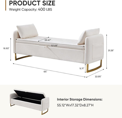 Storage Bench for Bedroom, 65 Inch End of Bed Storage Bench Cream | Chenille End of Bed Bench King Size Tufted Upholstered and Gold Legs, Bedroom Bench with Storage, Arms, 2 Pillows, for Window