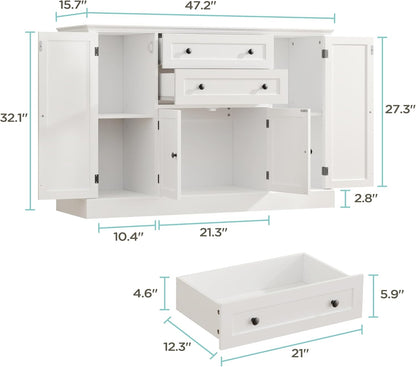 Farmhouse 47" Buffet Cabinet with Storage,Large Sideboard Buffet with Drawers and Adjustable Shelves, Rustic Coffee Bar Cabinet for Kitchen, White