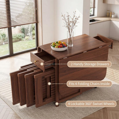 Folding Drop Leaf Dining Room Table 4-6 Seater with Storage and Lockable Wheels, 51" Fully Assembled Solid Wood Space-Saving Foldable Kitchen Table (Walnut)