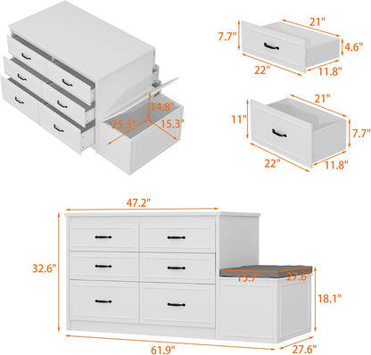 ECACAD 61.9" W Closet Island with Storage Bench & 12 Drawers, Modern Wooden Armoire Wardrobe Dresser Island for Bedroom Walk-in Closet, White