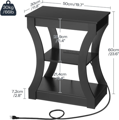 MAHANCRIS Black End Table with Charging Station, Skinny Side Table with USB Ports and Outlets, Nightstand, 3 Tier Bedside Table with Storage Shelf for Living Room, Bedroom, Small Space, ETBK53E01