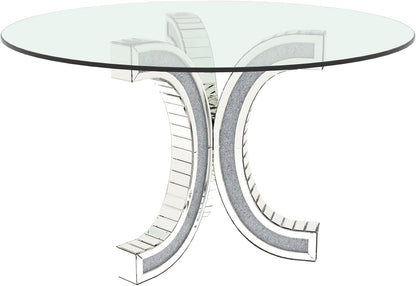 52" Round Glass Pedestal Dining Table with Tempered Glass Top, Mirrored Base with Crushed Diamonds, Modern Centerpiece