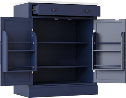Merax Kitchen Pantry Storage Cabinet Freestanding Cupboard with Darwer, 2 Adjustable Shelves and 2 Door Shelves Coffee Bar Cabinet for Kitchen, Dining, Living Room, Blue x 2