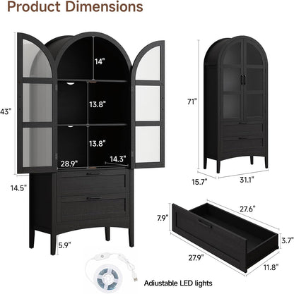 ONBRILL 71" Tall Arched Display Cabinet with LED Lights, Arched Kitchen Pantry with 2 Drawers, Modern Display Storage Cabinets with Adjustable Feet, Pantry Cabinet for Kitchen, Living/Dining Room