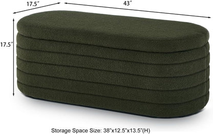 Modern Oval Storage Ottoman Bench, Upholstered Boucle Teddy Fabric End of Bed Bench with Storage, End of Bed Stool with Safety Hinge for Bedroom, Living Room, Entryway, White (Dark Green)