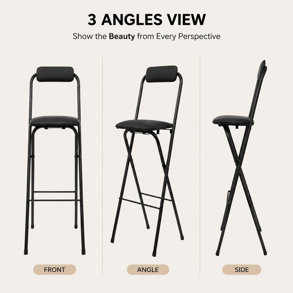 27.5'' Tall Folding Bar Stool, Cushioned Padded Folding Stool with Back, Portable Adult Folding Chair, 275 lbs Load Capacity, Counter Height Seat for Kitchen, Living Room, Garden, Camping, Black