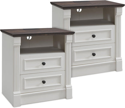 26" Tall Farmhouse Night stand Set of 2, 2 Drawers End Table w/Charging Station, 23.6" Wide Wood Side Table w/Roman Column, Large Rustic Sofa Table w/Open Shelf, Bedside Table for Bedroom, White