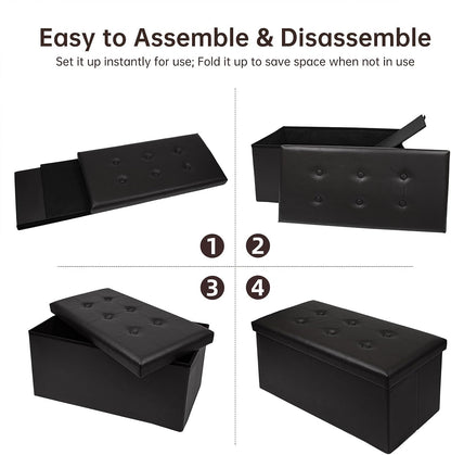 30 Inches Folding Storage Ottoman Bench, Faux Leather Footstool Ottoman, Storage Trunk Footrest for Bedroom, Living Room and Hallway, Support 350lbs, Black（Black line）