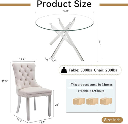 Henf 5 Piece Round Dining Table Set with 4 Chair, 47'' Round Glass Dining Room Table Set for 4, X-Shape Silver Metal Legs, Glass Kitchen Table and Chair Set for 4, Circular Dinner Desk for Kitchen