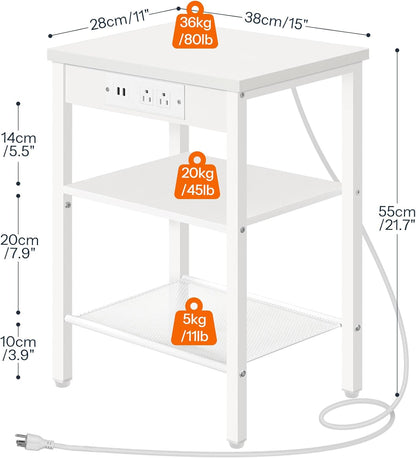 HOOBRO Side Table with Charging Station and USB Port, Small End Table for Small Space, 3-Tier Nightstand with Adjustable Shelf, for Living Room, Bedroom, White WW112BZ01