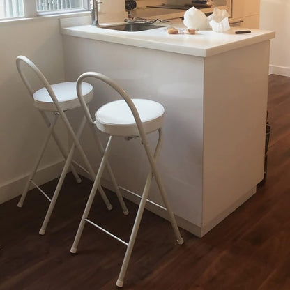 QQXX Folding Bar Stool with Footrest,Leather Padded Folding Kitchen Stool,Portable Counter Height Foldable Stool Tall Bar Stools for Outdoor Kitchen Shop Cafe(1 Pc, White Seat Height 29.5")