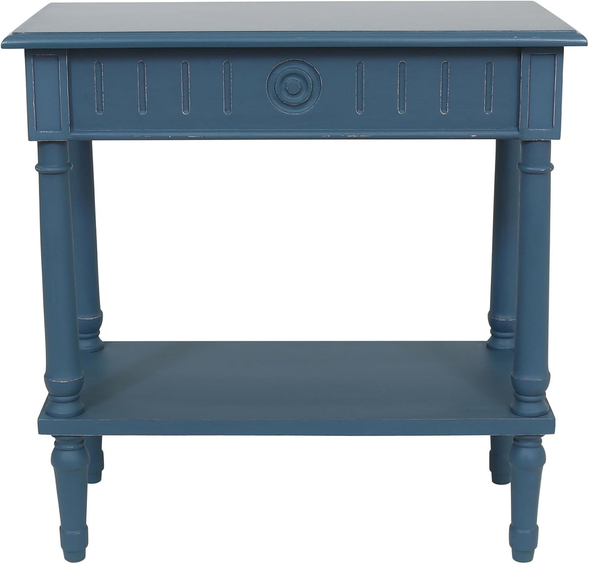 East at Main Handmade Solid Wood Narrow End Table with Drawer, Slim Blue Side Table for Bedroom, Living Room, or Entryway, Farmhouse Accent Furniture with Shelf and Turned Legs
