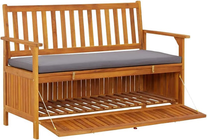 Solid Acacia Wood Patio Storage Bench 47.2 Inch with Seat Cushion, Outdoor Garden Bench with Armrests and Storage Compartment