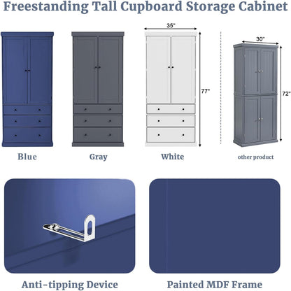 JIJIWANG 77inch Farmhouse Kitchen Pantry Storage Cabinet with Adjustable Shelves and Storage Cabinet,Versatile Cupboard with Door Shelves and Drawers,for Kitchen,Dining Room,Blue