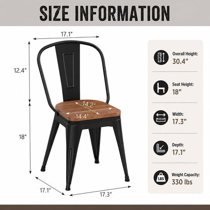 18 Inch Metal Dining Chairs Set of 4 Farmhouse Kitchen Chairs with Wooden Seat and Metal Backrest Stackable Black Dining Room Seating