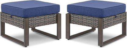 Belord Outdoor Ottomans for Patio - 250 LBS Weight Capacity Wicker Foot Rest Set of 2 with Woodgrain Lacquered Metal Frame Multipurpose Outdoor Foot Stool for Porch Balcony Backyard (Grey/Blue)