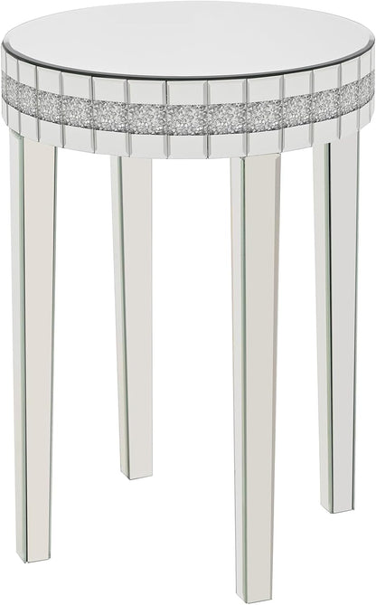 19.7" Mirror Side Table Round End Table with Crushed Diamond and Glass Top, Silver Coffee Table for Living Room, Bedroom, Sofa, Corner