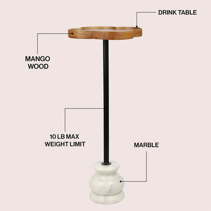 JONATHAN Y Colby Mango Wood Top Drink Table, 24.5" Tall Quatrefoil Martini Accent Table with White Marble Base and Black Iron Pedestal for Small Spaces in Living Room and Bedroom END3000A
