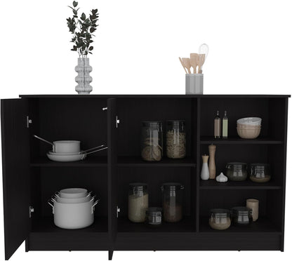 Kitchen Island with Three Open Shelves and Two Cabinets | Spacious 26" x 59" countertop with concealed storage and seating space
