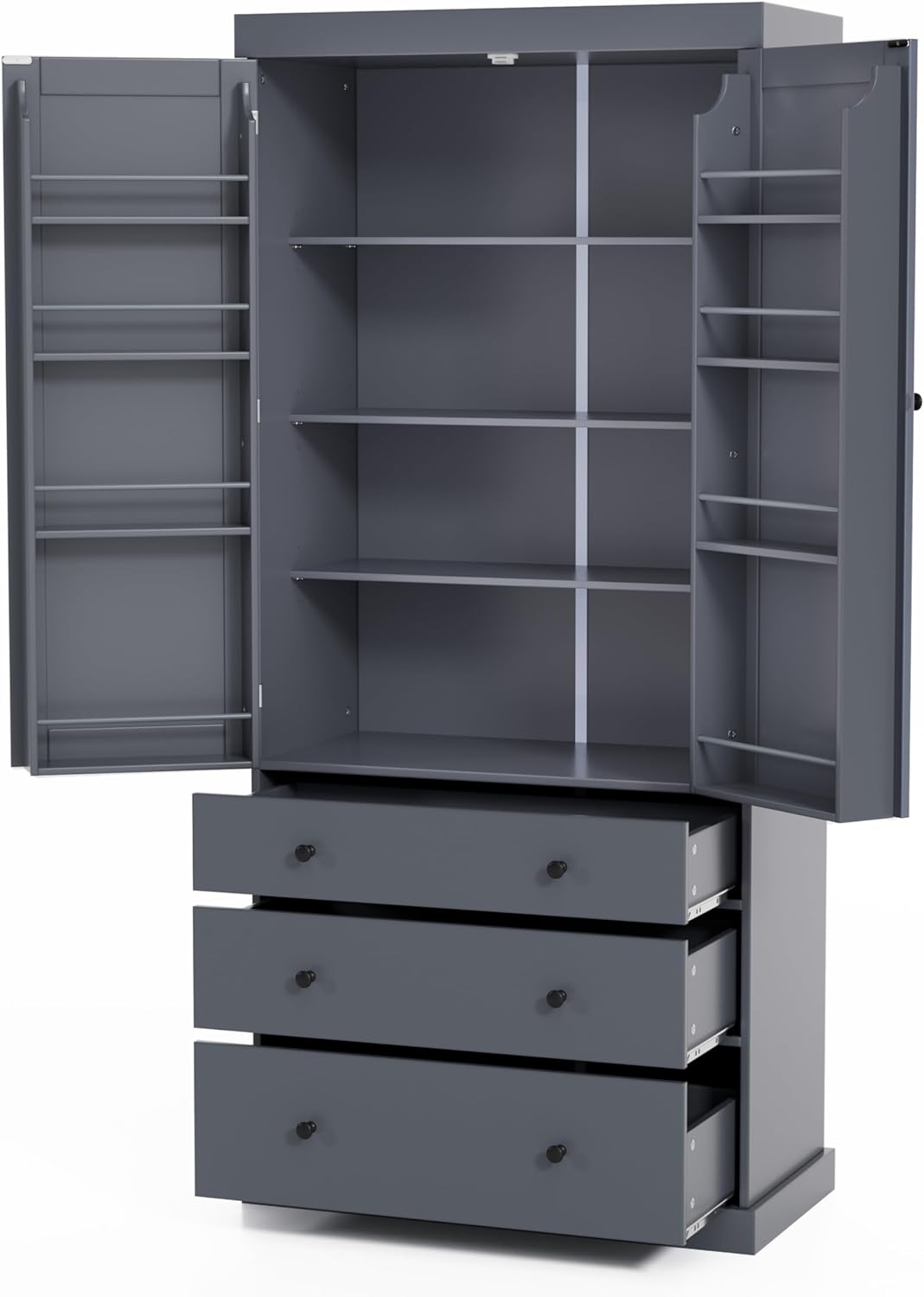 Farmhouse Tall Kitchen Pantry Cabinet with Adjustable Shelves, Freestanding Wood Cupboard with 8 Door Shelves and 3 Drawers for Kitchen, Dining Room (Gray)