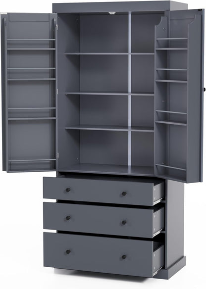 Bellemave Large Kitchen Pantry Freestanding Cupboard Storage Cabinet with 3 Adjustable Shelves, 8 Door Shelves, 3 Drawers High Kitchen Buffet Cabinet for Living Room, Kitchen (Grey)