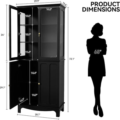 ARTPOWER 72" Freestanding Kitchen Pantry Storage Sideboard, Classical Tall Cabinet with Glass Door and Adjustable Shelves for Kitchen, Livingroom and Dining Room, Black