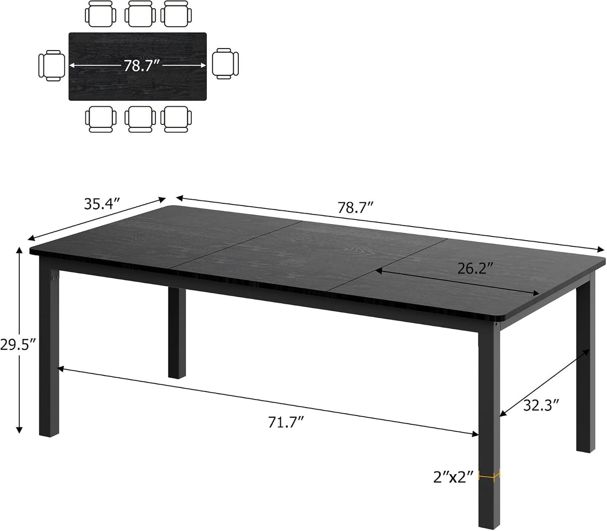Garvee 79 in Dining Table for 6, Farmhouse Wooden Kitchen Tables for Family, Rectangular Industrial Style Dining Room Table with Sturdy Metal Frame, Long Desk for Restaurant, Kitchen, Office,Black